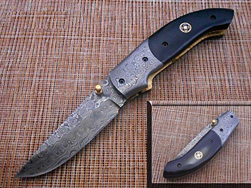 7.5" Folding Knife, 3.5" Hand Forged Twist Pattern Damascus Steel Blade Pocket Knife, 4" Wood Scale, Liner Lock & Thumb knob Equipped, Cow Hide Leather Sheath (Bull Horn)