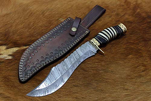 13" Long Hand Forged Damascus Steel Hunting Knife, Exotic Scale Crafted with Engraved Brass, Sliced White and Brown Camel Bone Scale W/Brass Spacer and Finger Guard, Cow Leather Sheath Included