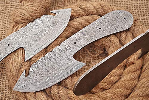 8 inches Long Hand Forged Spear Point Gut Hook Skinning Knife Blade, Knife Making Supplies, Damascus Steel Blank Blade Pocket Knife with 3 Pin Hole, 3.5 inches Cutting Edge, 4.25" Scale Space