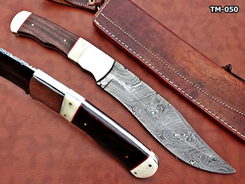 Damascus Steel Nessmuk Knife, 14" Long Custom Made Hand Forged with 8" Long Blade, Rose Wood Scale with Camel Bone & Steel Bolster, Exotic Cow Hide Leather Sheath Included