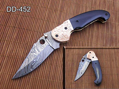 7.75" Hand Forged Twist Pattern Damascus Steel Blade Folding Knife, 3" Blade, Bull Horn Scales with Bird Engraved Bird Brass Bolster, Liner Lock & Thumb knob Equipped, Cow Hide Leather Sheath