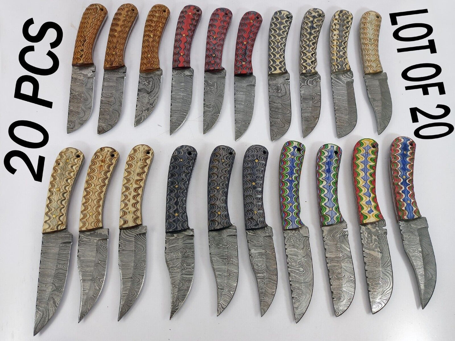 20 pieces Damascus steel fixed blade skinning knives lot with Leather sheath. Over 150 inches long Damascus steel knives in assorted colors