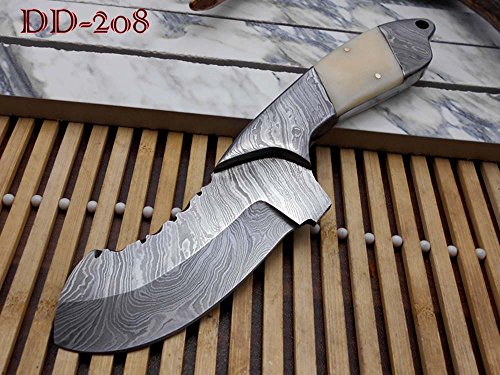 9" long Damascus steel Camel Bone scale with bolster custom made compact skinning Knife full tang Hand Forged 4.5" blade cow leather sheath