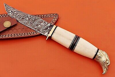 10" trailing point blade custom skinning knife with eagle pomel, Leather sheath