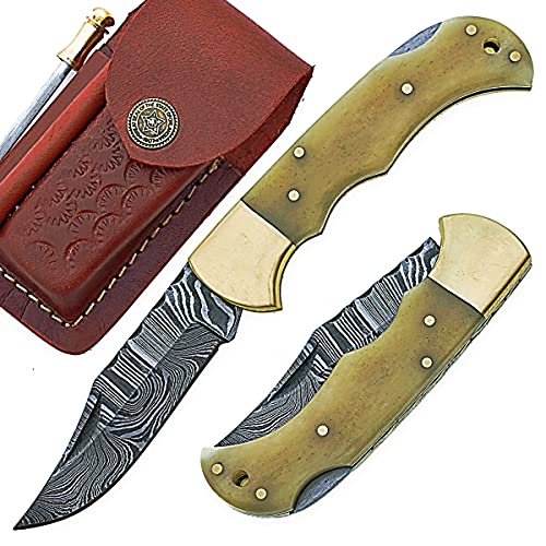 7.25" long back lock Folding Knife, Available in 4 different Scales with Brass bolster and lace hole, 3.25" long Hand Forged Damascus steel blade, Cow hide leather sheath with belt loop