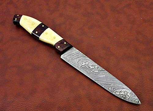 Damascus Steel carving Knife, 10 Inches Long with 5" Long Hand Forged Blade, Scale is crafted with Walnut Wood and Camel Bone