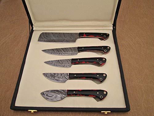 Custom made hand forged Damascus steel full tang blade kitchen knife set, Overall 40 inches Length of Damascus sharp knives (10.6+9.6+9.0+8.0+7.6) Inches, Leather suede sheath (Red & BLK Razon))