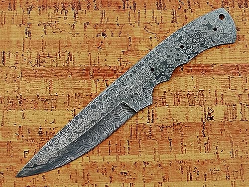 9 inches long drop point blank blade, hand forged Rain drop pattern Damascus steel blank blade skinning knife with 3 Pin hole oval scale, 4.5 inches cutting edge