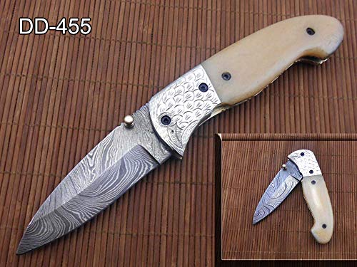 7.75" Folding Knife, 3.75" Hand Forged Twist Pattern Damascus Steel Blade, Camel Bone Scale with Bird Engraved Bolster, Pocket Knife, Liner Lock & Thumb knob Equipped, Cow Hide Leather Sheath