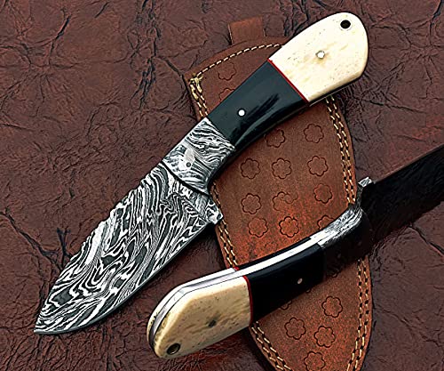 9" Long Spear Point Blade Skinning Knife, Hand Forged Fire Pattern Damascus Steel Full Tang Blade, Camel Bone and Bull Horn Scale with Damascus Bolster, Cow Leather Sheath