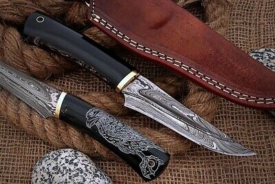 Eagle graphic scale trailing point blood groove blade skinning knife W/ sheath