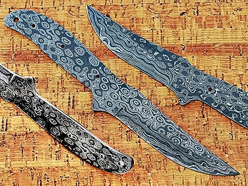 9 inches long Rain drop pattern Damascus steel Trailing point blank blade, knife making supplies, 4.5 inches long straight back scale with 3 pin and a lace holes, 4 inches cutting edge