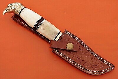 10" trailing point blade custom skinning knife with eagle pomel, Leather sheath