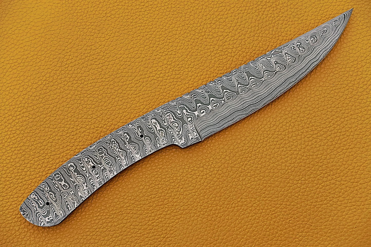 Knife Making, Damascus Steel Blank Blade 11 inches Long Hand Forged Trailing Point Skinning Knife, Hunting Knife with 3 Pin Hole, 6 inches Cutting Edge, 4.5" Scale Space