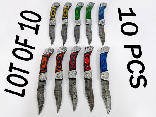 10 pieces Lot of Damascus steel blade back lock folding knife with Sheath, Engraved bolster, Assorted colors
