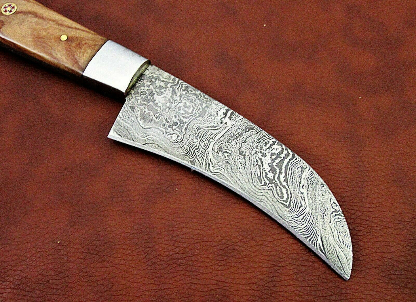 9.5" long Damascus steel blade peeler knife, Brown & Beige wood scale,