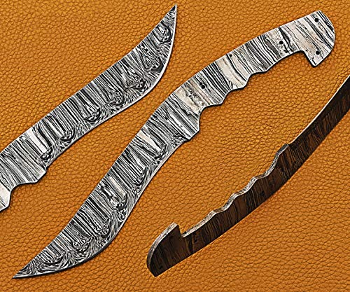 11 inches Long Dao Blade Hunting Knife, Hand Forged Ladder Pattern Damascus Steel Blade, 5" Finger Serration Scale Space with 4 Pin Hole, 6" Trailing Point Dao Blade with 5.5" Cutting Edge