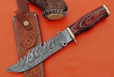 Damascus steel Gut hook hunting knife, Finger guard wood scale, leather Sheath