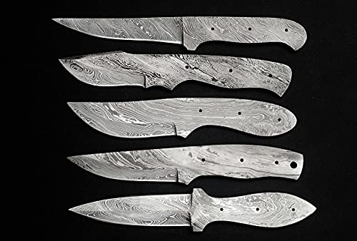5 pieces set of 8 to 9.5 inches long hand forged twist pattern Damascus steel blank blade skinning knife set, Over all 44 inches long blades, 4 to 5.5 inches cutting edge, compact pocket knife blanks, knife making supplies