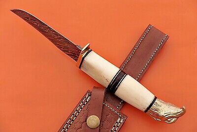 10" trailing point blade custom skinning knife with eagle pomel, Leather sheath