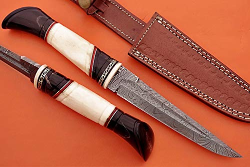 11.5 Inches Hand Forged Damascus Steel Straight Back Blade Skinning Knife, Hand Carved Bull Horn and Camel Bone Round Scale Crafted with Brass, 6.25" Blade, Cow Hide Leather Sheath with Belt Loop