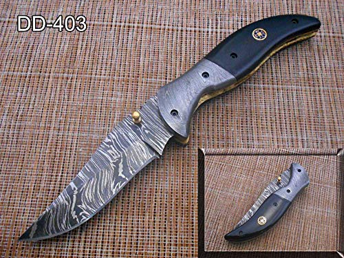 8" Folding Knife, 3.5" Hand Forged Twist Pattern Damascus Steel Blade Pocket Knife, Bull Horn Scale, Liner Lock & Thumb knob Equipped, Cow Hide Leather Sheath