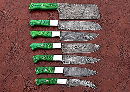 7 pieces Damascus steel kitchen knife set with leather bag, 74" long knives Includes bread knife, Steak knife, Boning knife, Cleaver, Utility knife, chef knife. Camel bone and wood scale