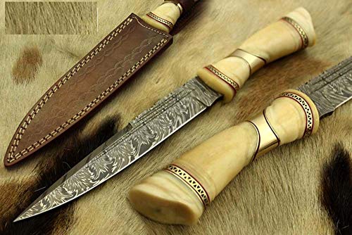 13" Custom Made Hand Forged Damascus Steel Skinning Knife, Round Grip Hand Carved Camel Bone Scale Crafted with Engraved Brass Spacer, Cow Hide Leather Sheath Included with Belt Loop