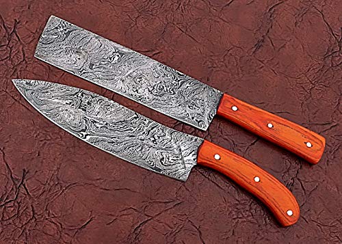 2 pieces Damascus steel blade kitchen knives set, Contains 13" long cook knife and 13" long Nakiri knife, comes with Leather sheath, Orange colored Kow wood scale
