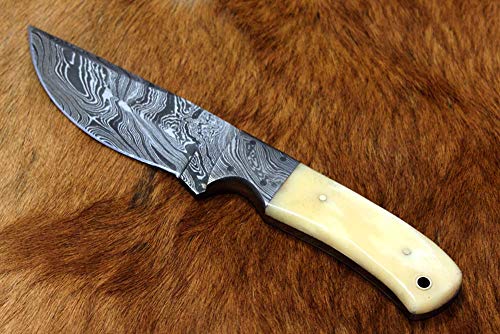 9" Long Hand Forged Damascus Steel Skinning Knife, 4.5" Full Tang Blade, Natural Camel Bone Scale with Damascus Bolster and Inserting Hole, Cow Hide Leather Sheath with Belt Loop