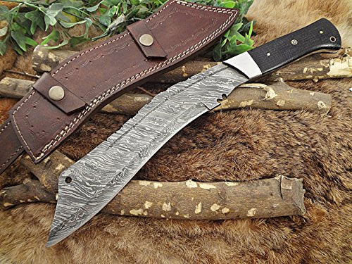15" Long Damascus steel Kukri Knife hand forged 5" Fabulous handle material. Black Micarta Sheet with Stainless Steel Bolster with Mosaic Pin