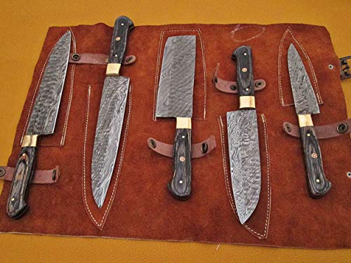 5 Pieces Damascus Steel Hammered Kitchen Knife Set, 2 Tone Black Dollar Wood Scale, 54 inches Long Sharp Knives, Custom Made Hand Forged Hammered Damascus Steel Blade, Goat Suede Roll Leather Sheath