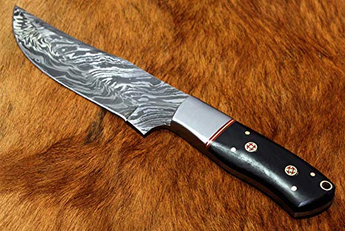 9" Long Skinning Knife, Bull Horn Scale with Steel Bolster & Inserting Hole, Hand Forged Twist Pattern Damascus Steel Full Tang Blade, Cow Leather Sheath Sheath Included