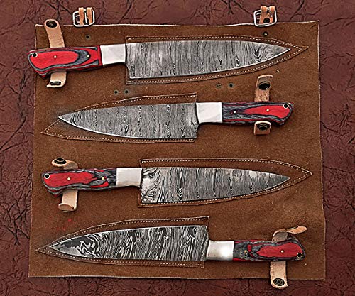 4 pieces chef knives set, utility, paring and slicing knives, overall 42 inches long hand forged twist pattern Damascus steel blade, custom made leather sheath