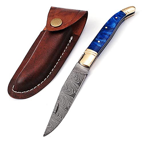 Laguiole Folding Damascus steel knife, 8.5" Long with 4" hand forged custom twist pattern Blade. Blue color unshrinkable Raisen scale with brass bolster, Cow hide leather sheath included
