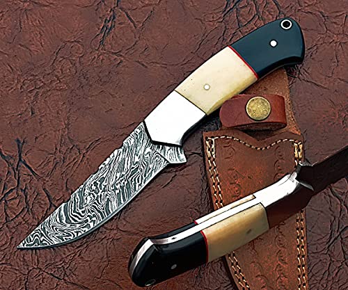 9" Long Straight Back Blade Skinning Knife, Hand Forged fire Pattern Damascus Steel Full Tang Blade, Camel Bone and Bull Horn Scale with Steel Bolster, Cow Leather Sheath