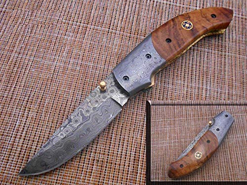 7.5" Folding Knife, 3.5" Hand Forged Twist Pattern Damascus Steel Blade Pocket Knife, 4" Wood Scale, Liner Lock & Thumb knob Equipped, Cow Hide Leather Sheath (Wood)
