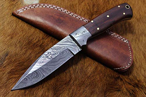 9" Long Hand Forged Twist Pattern Damascus Steel Full Tang Blade Skinning Knife, Solid Walnut Wood Scale with Damascus Bolster & Inserting Hole, Cow Leather Sheath with Belt Loop Included