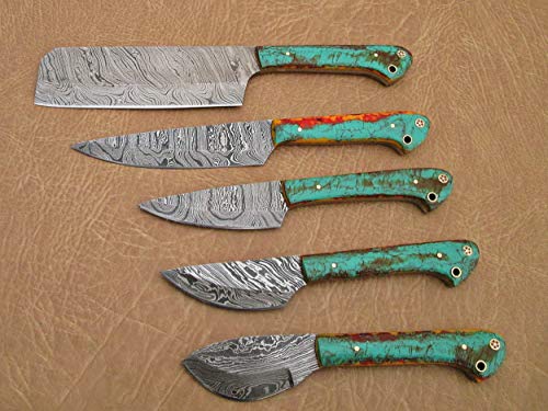 5 pieces Custom made hand forged Damascus steel blade kitchen knife set with gift box, 2 tone Green colored razon scale, Overall 45 inches Length of Damascus sharp knives (10.6+9.6+9.0+8.0+7.6)Inches