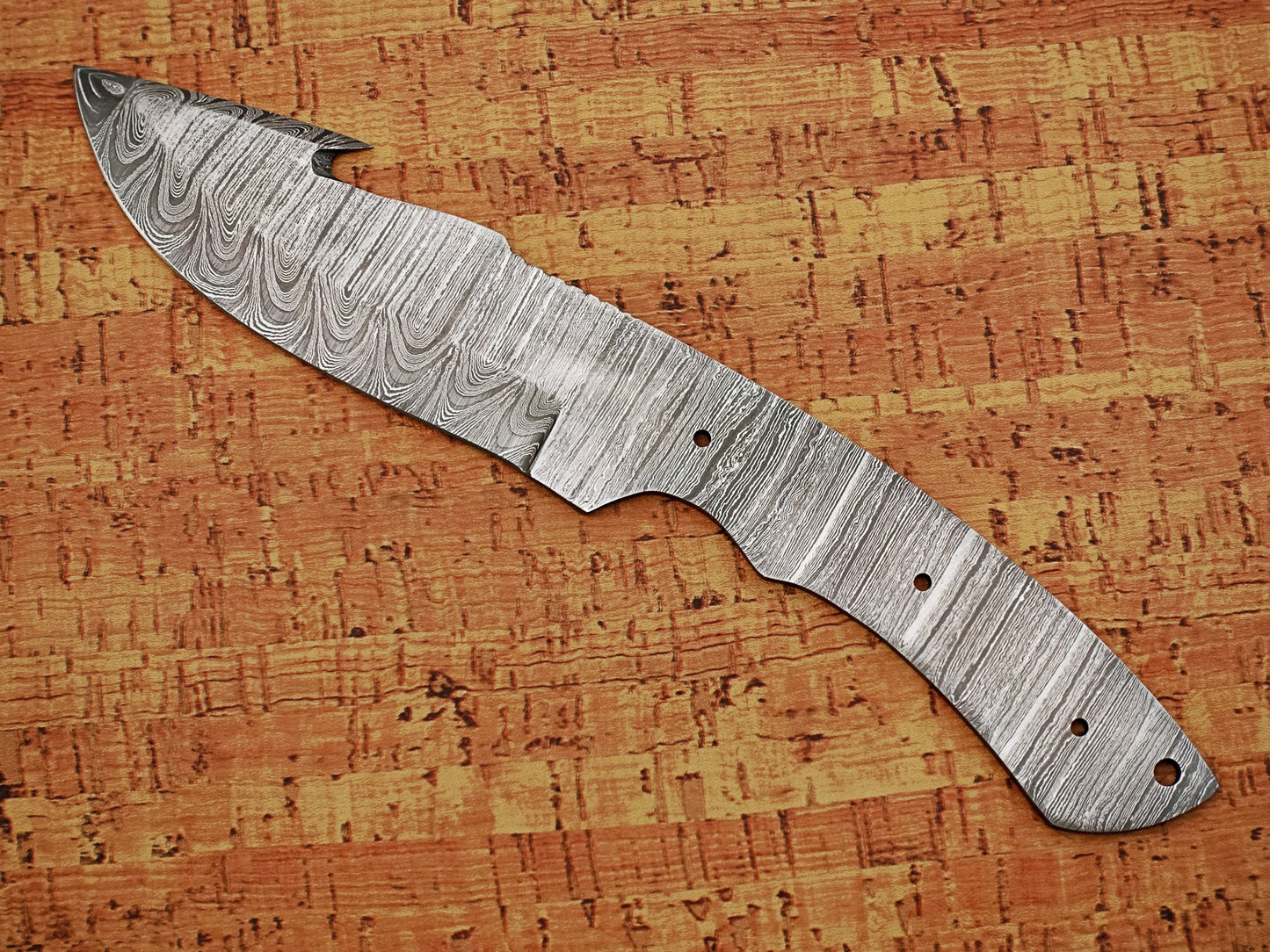 10 inches Long Hand Forged Trailing Point Gut Hook Skinning Knife Blade, Knife Making Supplies, Ladder Pattern Damascus Steel Blank Blade Knife with 3 Pin and a lace Hole, 5" long blade with 4.5 inches Cutting Edge