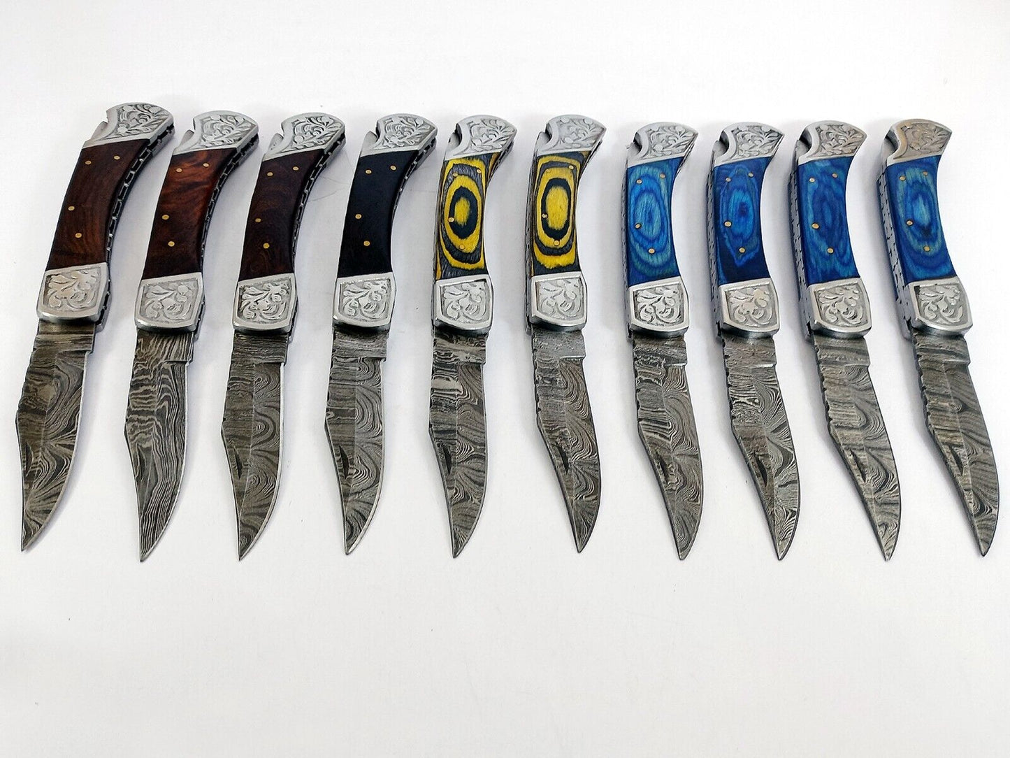 20 pieces lot of Damascus steel Back lock folding knife with Leather Sheath, Assorted color scales