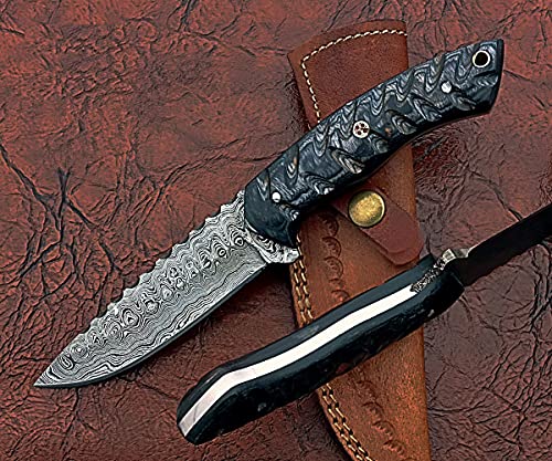 9" Long Drop Point Blade Skinning Knife, Hand Forged Rain Drop Pattern Damascus Steel Full Tang Blade, 2 Tone jigged Dollar Wood Scale, Cow Leather Sheath Included