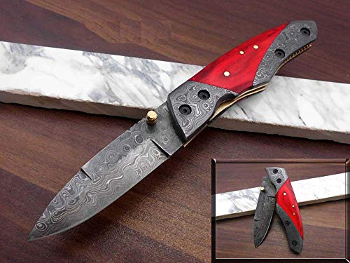 8" long Folding Knife with pocket clip, Hand forged Damascus steel 3.5" blade. Rose Wood scale with Damascus Bolster, Cow hide Leather sheath included with belt loop (Red Wood)