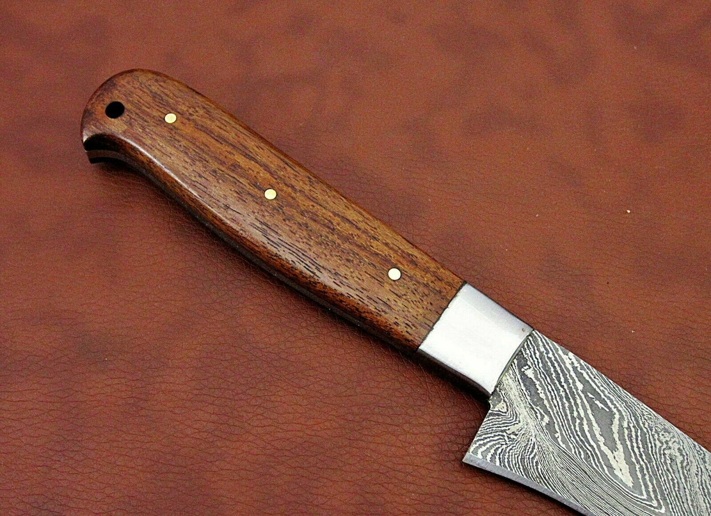 9.5" long Damascus steel blade peeler knife, Brown & Beige wood scale,