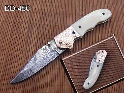 8" Folding Knife, 3.5" Hand Forged Twist Pattern Damascus Steel Blade Pocket Knife, Camel Bone Scale with Bird Engraved on Brass Bolster, Liner Lock & Thumb knob Equipped, Cow Hide Leather Sheath