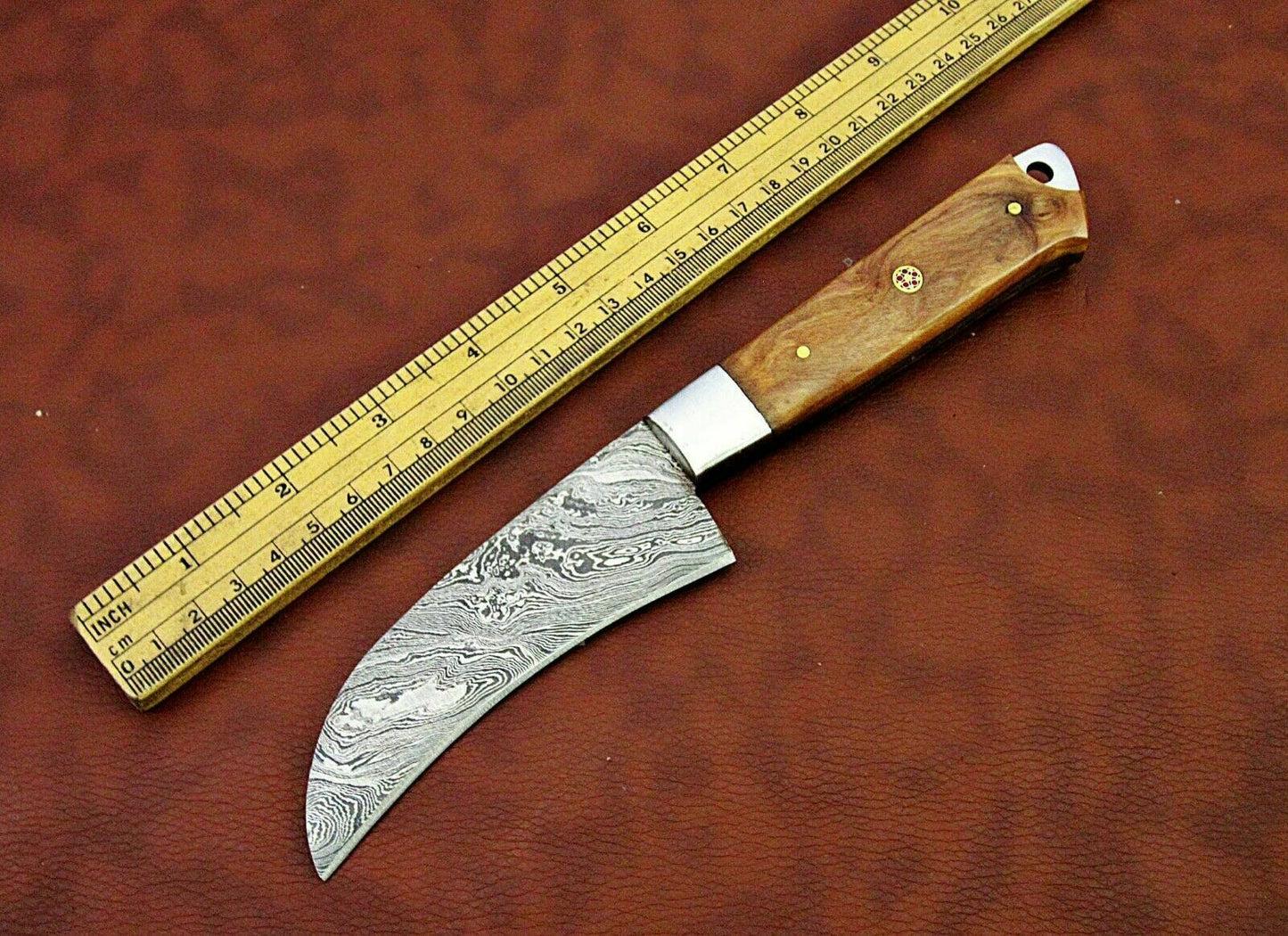 9.5" long Damascus steel blade peeler knife, Brown & Beige wood scale,