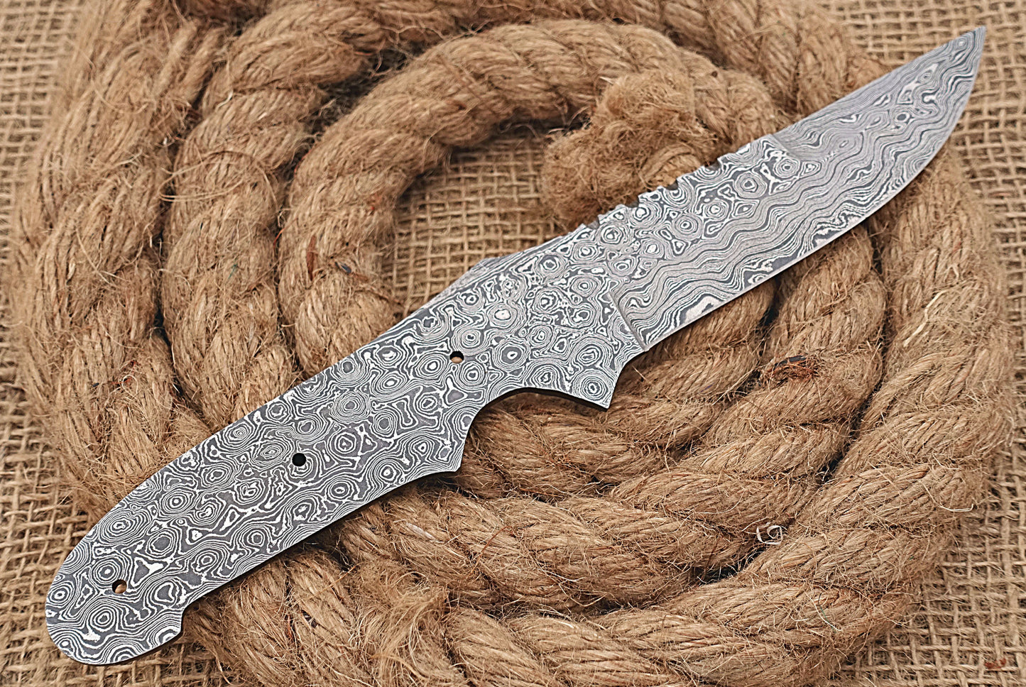 Knife Making, Damascus Steel Blank Blade 9.25 inches Long Hand Forged Trailing Point Skinning Knife Blade, Hunting Knife, 4.25 inches Cutting Edge, 4.5" Scale Space with 3 Pin Hole