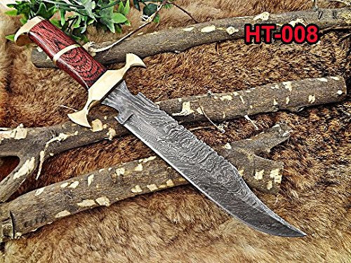 15" Long Hunting Bowie knife, hand forged Damascus steel, Red Dollar wood with Brass Pommel & Finger guard, Cow Leather sheath