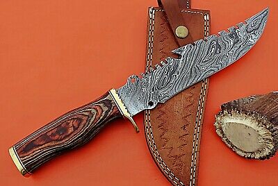 Damascus steel Gut hook hunting knife, Finger guard wood scale, leather Sheath