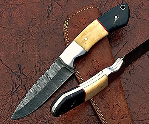 9" Long Drop Point Blade Skinning Knife, Hand Forged Ladder Pattern Damascus Steel Full Tang Blade, Camel Bone and Bull Horn Scale with Steel Bolster, Cow Leather Sheath